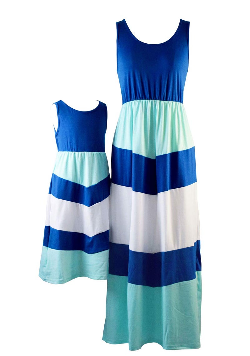 Qin.Orianna Summer Cute Mommy and Me Boho Striped Chevron Maxi Dresses Blue - Image 5